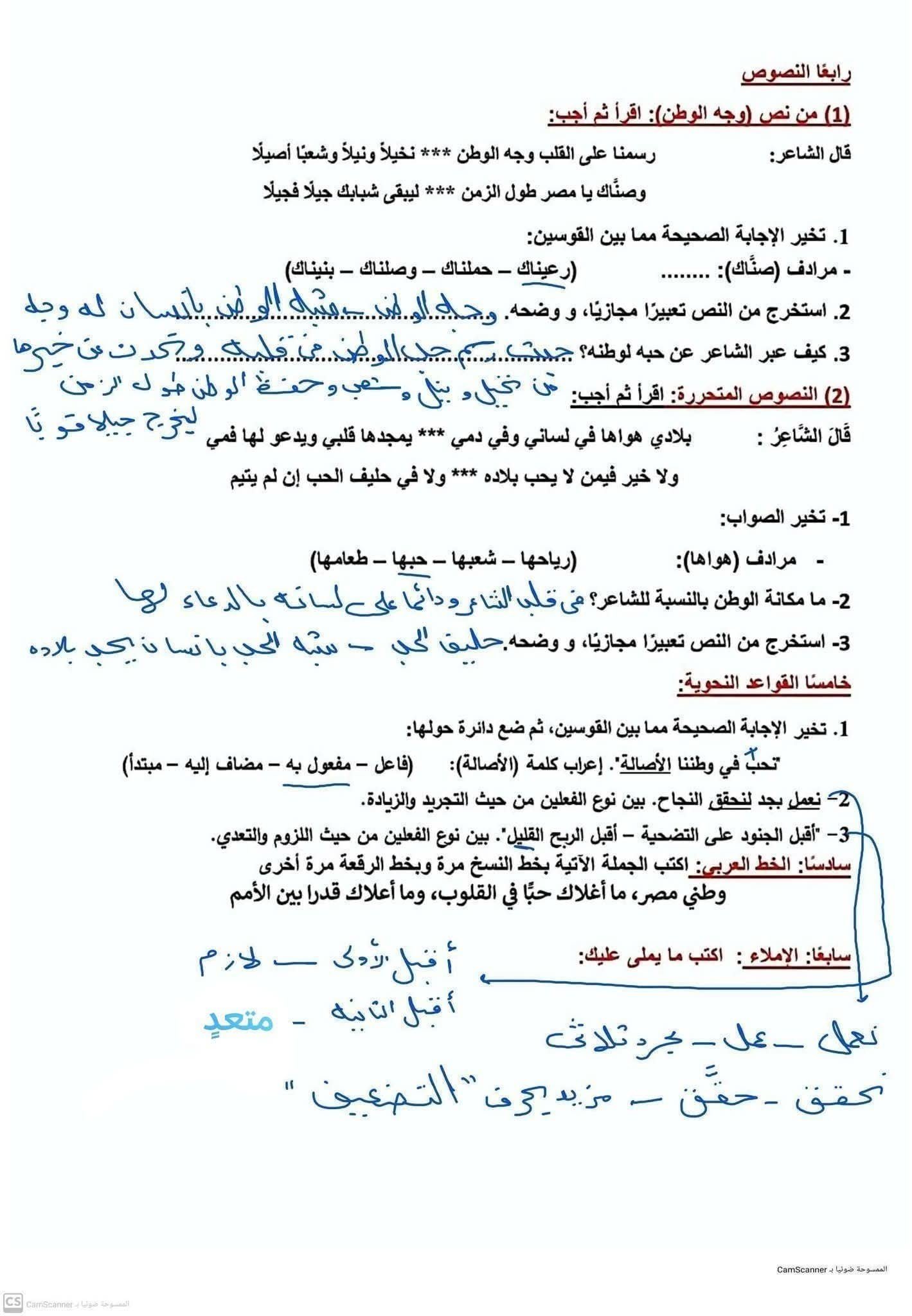 إجابات الاختبار شهر أكتوبر من الوزارة لغة عربية