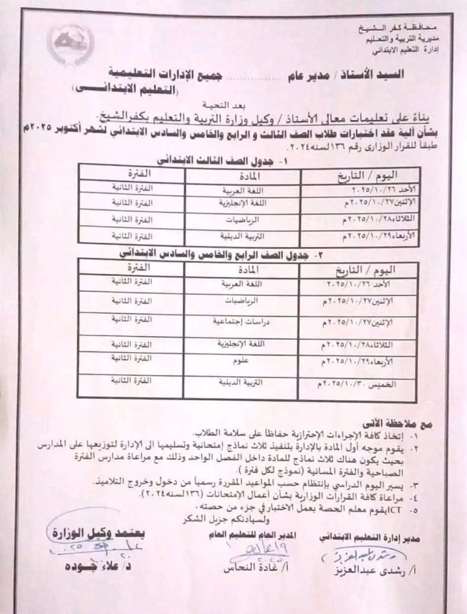 جدول امتحانات شهر أكتوبر الصف الخامس الابتدائي 2025 كفر الشيخ