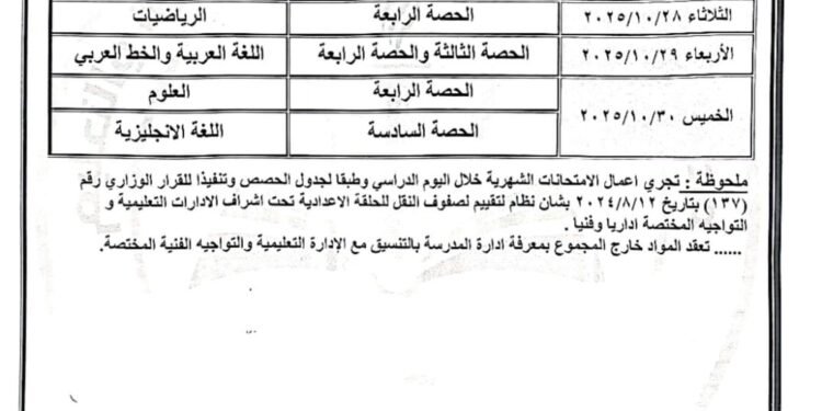 جدول امتحانات شهر أكتوبر للصف الأول الإعدادي