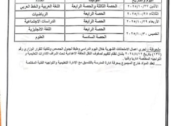 جدول امتحانات شهر أكتوبر للصف الثاني الإعدادي