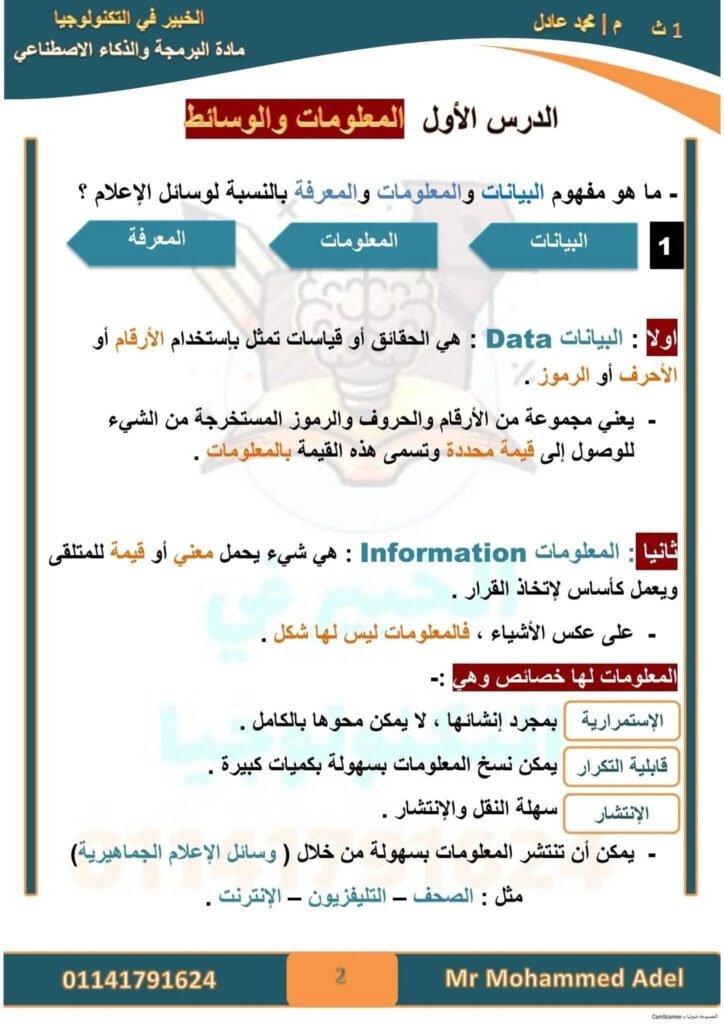 ماده البرمجة والذكاء الاصطناعي للصف الأول الثانوي